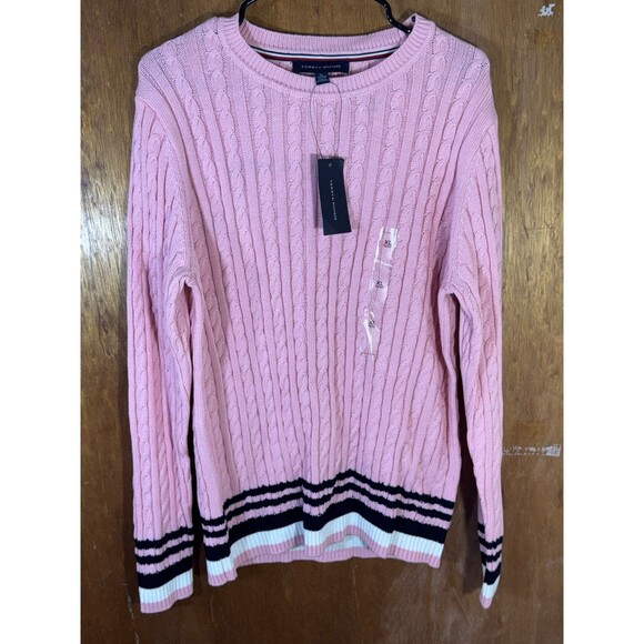 NWT Tommy Hilfiger Leila Sweater Women's XL Striped Cable Knit Crewneck‎ Pink - Picture 1 of 9